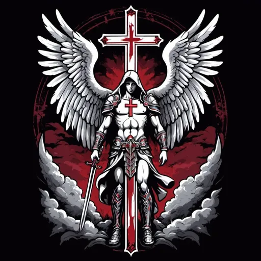 Prompt: a cross in front of angelic warrior for t shirt design
