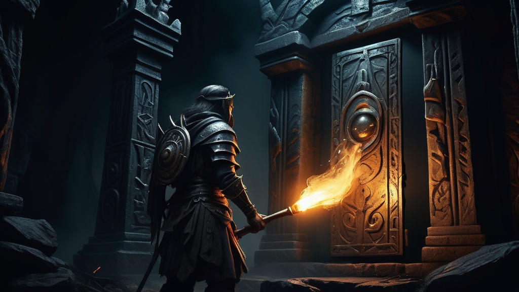 Prompt: a side shot of a  warrior opening an ancient tomb to destroy relics with ancient drawings and monsters eyes holding a fire torch to enlighten the darkness
,  light and dark contrast  , exploration , forbidden forest ,   video game aesthetic , cinematic trailer , medieval , dark sky , side angle , different dungeons and monsters , exploration , vessels , chains , large steel doors , shot from the side , magical items details