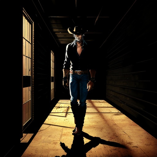 Prompt: a vicious cowboy trapped in the shadows. 



