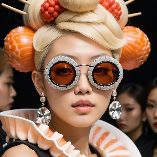 Prompt: closeup of a Japanese fashion model, her hair is dyed blond, diamond clad sunglasses, wearing earrings that look like giant sushi , in the style of Giuseppe Arcimboldo