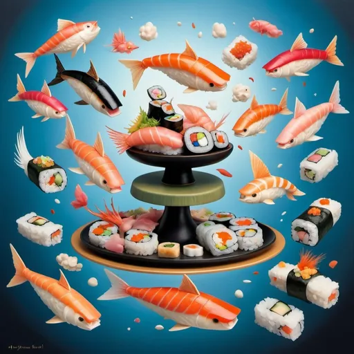 Prompt: Create an imaginative scene where sushi pieces take flight through the air, each displaying vibrant colors and intricate details. Whether they soar gracefully or zoom through the sky with whimsical speed, depict a lively and fantastical portrayal of airborne sushi that ignites the viewer's imagination and appetite, in the style of Hieronymus Bosch