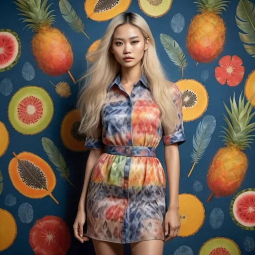 Prompt: full body photorealistic shot of a Thai fashion model, long hair dyed blond, shirt made of feathers, wearing a dress with a pattern of tropical fruit painted in the style of paul klee