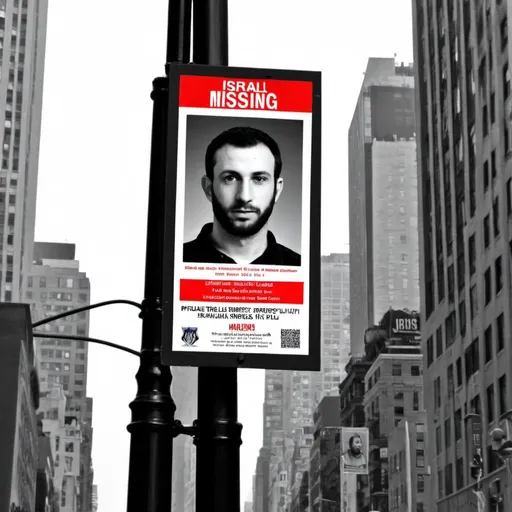 Prompt: Israeli missing hostage poster using the colors black white and red, with grey background, on a lamp post in new york