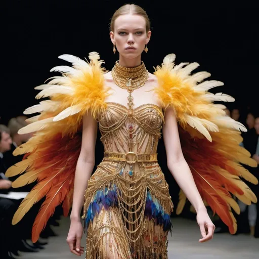 Prompt: fashion model wearing a dress made of thin interwoven golden chains and colorful feathers, by Alexander McQueen