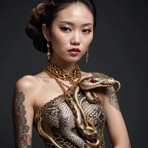Prompt: Japanese dreaming fashion model in Alexander McQueen dress, tattooed, snakes interwoven in dress, interwoven golden chain dress, high quality, couture fashion, interwoven small red shphire droplets, detailed tattoo, exotic, elegant, luxurious, intricate design, avant-garde, golden tones, dramatic lighting, monochrome grey golden background, low side angle camera shot