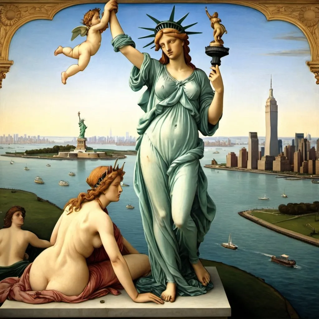 Prompt: the statue of liberty with new york in the background, portrayed as the Birth of Venus by Sandro Botticelli