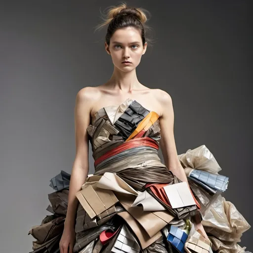 Prompt: fashion model wearing an ISSEY MIYAKE dress made of dirty trash