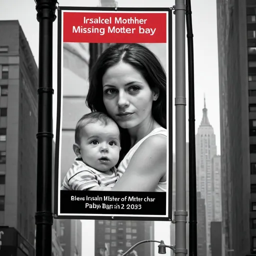 Prompt: Israeli missing  mother and her 2 year old baby hostage poster using the colors black white and red, with grey background, on a lamp post in new york