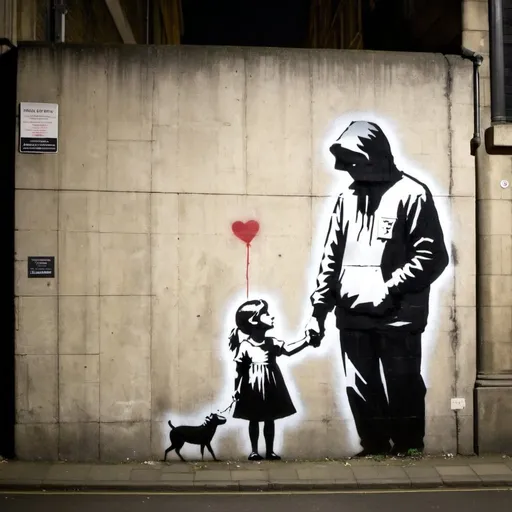 Prompt: a banksy graffiti symbolizing loneliness, london side street at night  