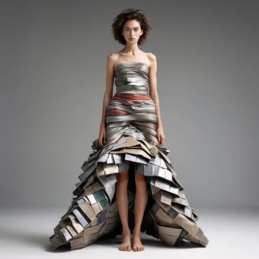 Prompt: fashion model wearing an ISSEY MIYAKE dress made of dirty recycled trash
