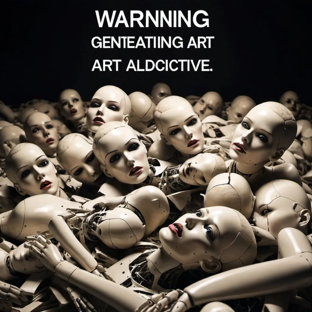 Prompt: warning sign with the text saying "WARNING Generating AI Art is Addictive", a pile of broken Mannequins in the background, dim lighting