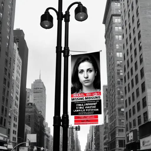 Prompt: Israeli missing female hostage poster using the colors black white and red, with grey background, on a lamp post in new york