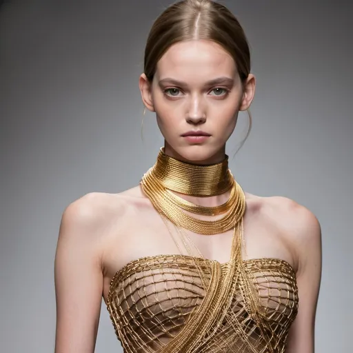Prompt: fashion model wearing a dress made of thin interwoven golden chains