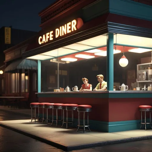 Prompt: 3d model rendering of a cafe diner, with a few lonely people, in the style of Edward Hopper