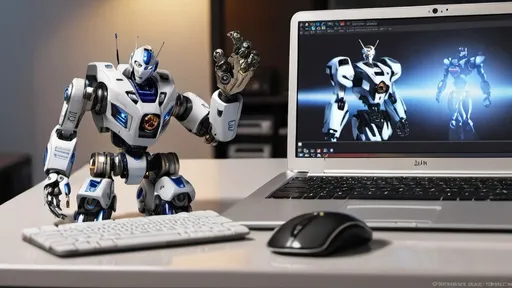 Prompt: a toy robot that is on a table next to a laptop computer and a keyboard on a table with a laptop, Du Jin, dau-al-set, mecha, computer graphics