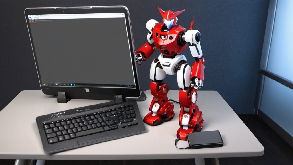 Prompt: a toy robot that is on a table next to a laptop computer and a keyboard on a table with a laptop, Du Jin, dau-al-set, mecha, computer graphics