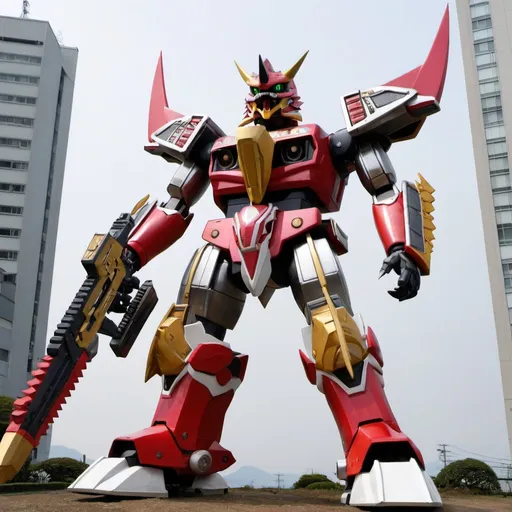 Prompt: japanese megazord based on dinosaurs holding a large weapon