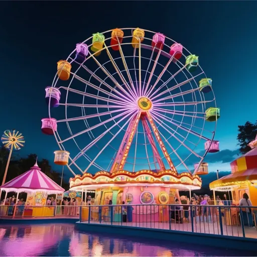 Prompt: island with a hypnotic swirl ferris wheel theme park
