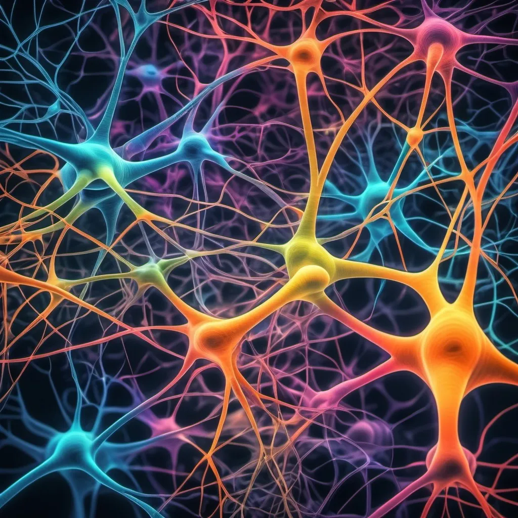 Prompt: hi! please create a psychedelic colored neuronal network image including: neurons, astrocytes, axons, synapses