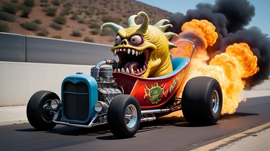 Prompt: full body three quarter angle side view color photograph of the huge demon monster fink monster with huge eyes popping out of his skull laughing sitting in and driving a rat fink dragster hot rod with a giant chrome engine blower sticking up, burning out in real life down a highway, clear faces, professional photography taken by Alex webb, medium format, large format , shallow depth of field, glowy effect, Ambient Occlusion 