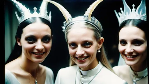 Prompt: extreme closeup polaroid photo of dark Hieronymus Bosch demons with holy books wearing papal tiaras in real life and transparent alien women models smiling psychotically with big eyes in a hazy hallway, clear faces , photography taken by Alex webb, medium format, large format ,shallow depth of field, glowy effect, Ambient Occlusion, prime lenses