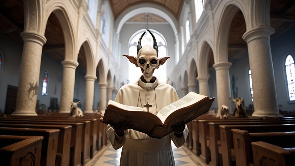 Prompt: full body fisheye cinematic photograph of an emaciated demon with elongated features and wings reading a holy book to the Pope, white cracked faces, they are standing in fire inside a huge church with goat paintings, sacraments, bees and flies, professional photography taken by Alex webb, medium format, large format, prime lenses, shallow depth of field, glow effect, Ambient Occlusion