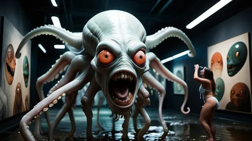 Prompt: detailed full body wide angle photo of eyeballs in real life aliens laughing, glowing white cracked faces, standing in puddles of water inside a huge museum with goat paintings and bubbles, glow in the dark lighting, having drinks, octopus and steak, screaming woman in bikinis with clear faces, professional photography taken by Alex webb, medium format, large format, prime lenses, shallow depth of field, glow effect, Ambient Occlusion 