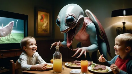 Prompt: detailed full body close-up macro photograph of giant Hieronymus Bosch creatures flying in real life and transparent alien smiling psychotically with big eyes inside of a small, stained brightly lit examining room with children eating steak and televisions, clear faces, bleach bypass photography taken by Alex webb, medium format, large format ,shallow depth of field, glowy effect, Ambient Occlusion, prime lenses