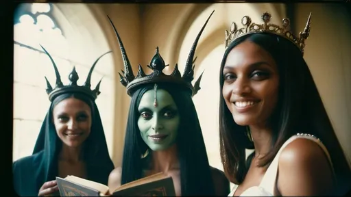 Prompt: extreme closeup polaroid photo of dark Hieronymus Bosch demons with holy books wearing papal tiaras in real life and transparent alien women models smiling psychotically with big eyes in a hazy hallway, clear faces , photography taken by Alex webb, medium format, large format ,shallow depth of field, glowy effect, Ambient Occlusion, prime lenses