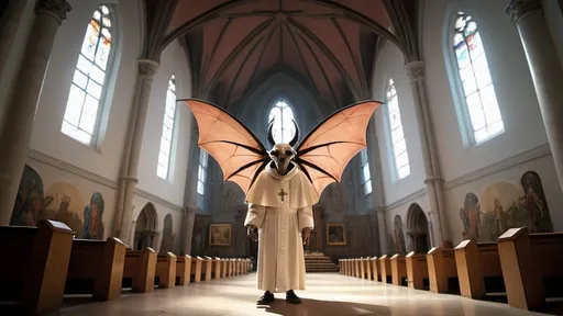 Prompt: full body fisheye cinematic photograph of an emaciated HIERONYMUS BOSCH demon with elongated limbs and bat like wings, reading a holy book to the Pope, they are standing in front of a giant quantum computer, inside a huge church with goat paintings, bees and flys, professional photography taken by Alex webb, medium format, large format, prime lenses, shallow depth of field, glow effect, Ambient Occlusion