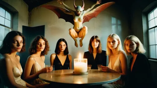 Prompt: full body low angle polaroid action photo of giant Hieronymus Bosch demons flying in real life and transparent alien women models smiling psychotically with big eyes inside of a small stained candle lit concrete room, clear faces, bleach bypass photography taken by Alex webb, medium format, large format ,shallow depth of field, glowy effect, Ambient Occlusion