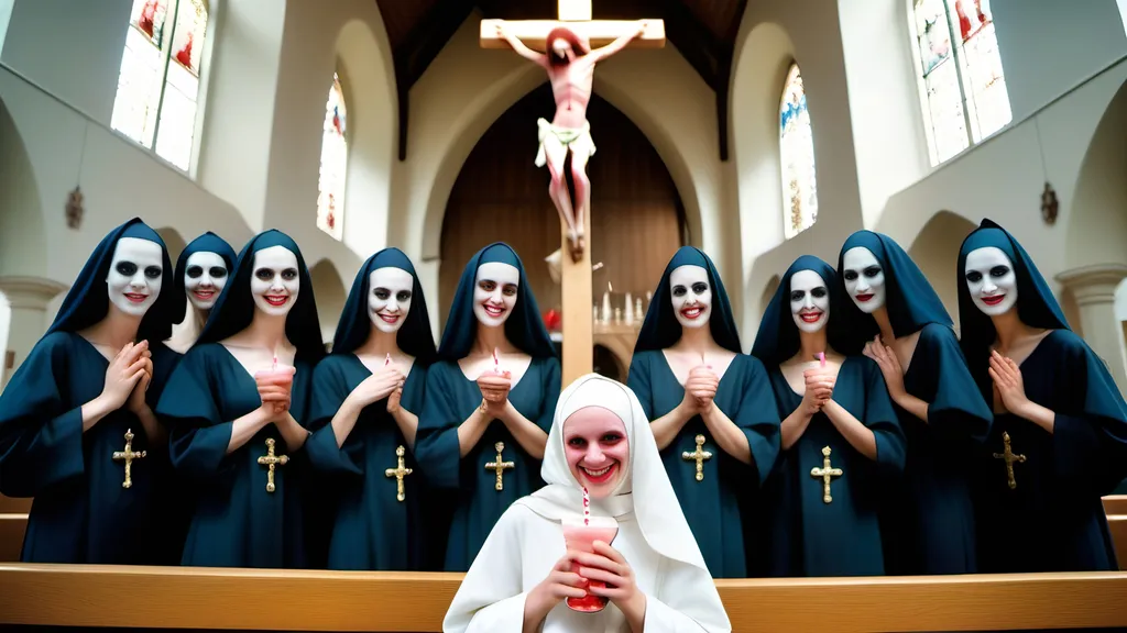 Prompt: full body low angled action portrait photo of holy beautiful female colorful high fashion Hieronymus Bosch demons with clear faces in real life on crucifixes and alien women models smiling with their eyes wide open, in church, with milk shakes, clear faces, high resolution photography taken by Alex webb