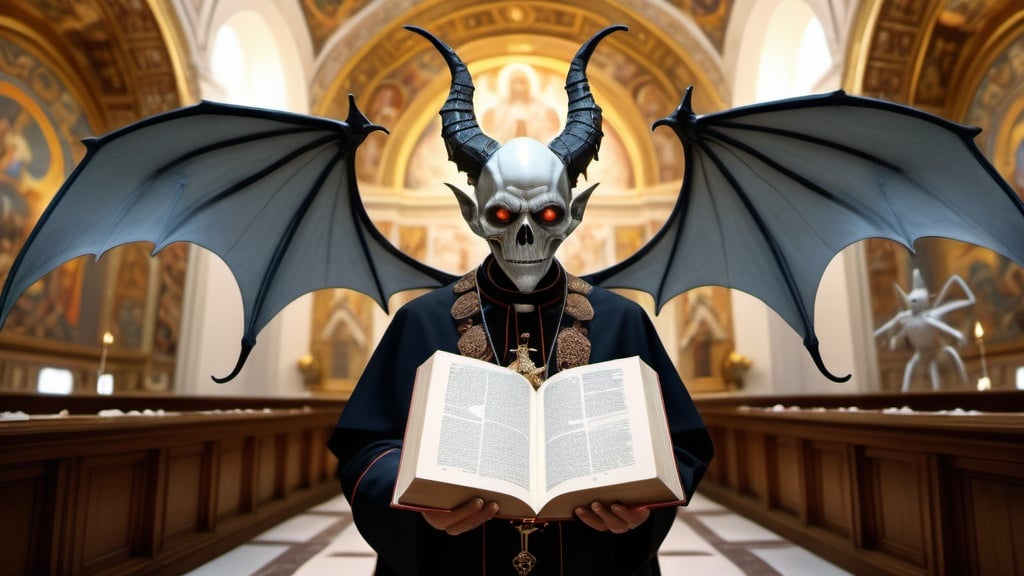 Prompt: full body fisheye cinematic photograph of an intricately adorned demon with elongated features and limbs and fleshy bat wings, reading a holy book to the Pope, they are standing in front of a quantum computer at an altar, sacraments, bees and flies, professional photography taken by Alex webb, medium format, large format, prime lenses, shallow depth of field, glow effect, Ambient Occlusion