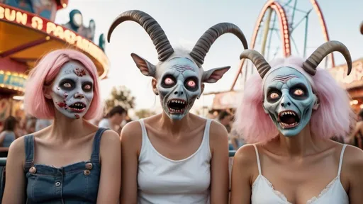 Prompt: full body three quarter angle photograph of Hieronymus Bosch zombies with eyeball wings made of eyes, alien women laughing at each other's white cracked faces, inside an amusement park, on a rollercoaster, with goat paintings, having drinks and eating cotton candy, with bees, aliens, clear faces, professional photography taken by Alex webb, medium format, large format ,shallow depth of field, glowy effect, Ambient Occlusion 