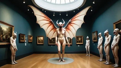 Prompt: full body fisheye photo of a Hieronymus Bosch demons with wings made of realistic eyeballs in real life alien women models laughing each other's white cracked faces, one of them is crying, inside a museum with cow paintings, clear faces, photography taken by Alex webb, medium format, large format ,shallow depth of field, glowy effect, Ambient Occlusion 