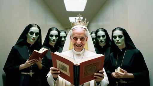 Prompt: fisheye polaroid photo of dark Hieronymus Bosch demons with holy books wearing papal tiaras in real life and transparent alien women models smiling psychotically with big eyes in a hazy hallway, clear faces , photography taken by Alex webb, medium format, large format ,shallow depth of field, glowy effect, Ambient Occlusion, prime lenses