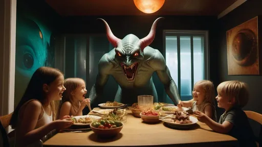 Prompt: detailed full body close-up macro photograph of giant Hieronymus Bosch demons flying in real life and transparent alien smiling psychotically with big eyes inside of a small, stained brightly lit examining room with children eating steak and televisions, clear faces, bleach bypass photography taken by Alex webb, medium format, large format ,shallow depth of field, glowy effect, Ambient Occlusion, prime lenses