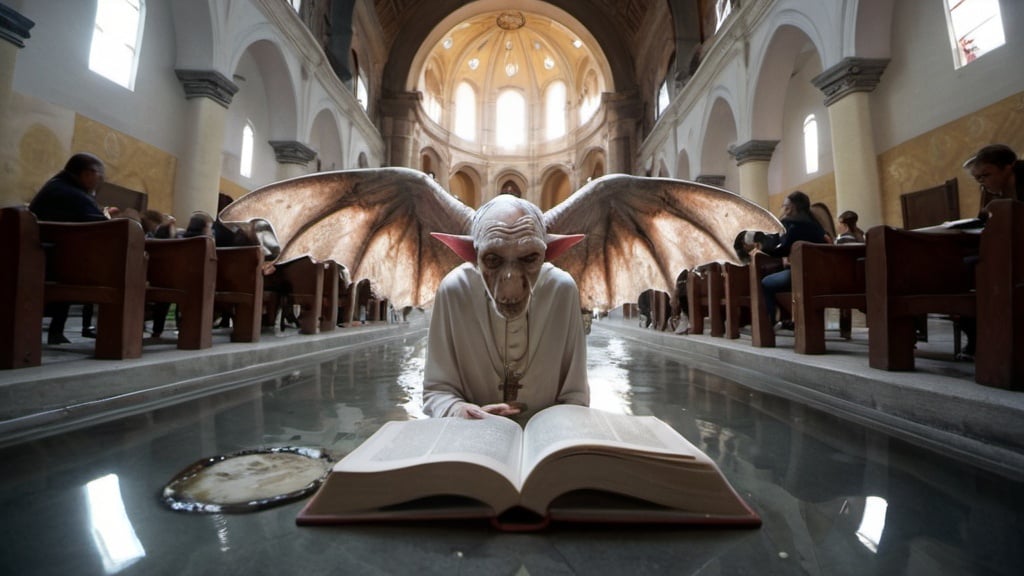 Prompt: full body fisheye cinematic photograph of an emaciated demon with elongated features and wings reading a holy book to the Pope, white cracked faces, they are standing in puddles of water inside a huge church with goat paintings, sacraments, bees and flies, professional photography taken by Alex webb, medium format, large format, prime lenses, shallow depth of field, glow effect, Ambient Occlusion