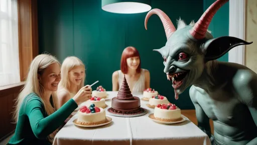 Prompt: detailed full body close-up macro photograph of giant Hieronymus Bosch demons flying in real life and transparent alien women models smiling psychotically with big eyes inside of a small, stained brightly lit examining room with children eating cake and televisions, clear faces, bleach bypass photography taken by Alex webb, medium format, large format ,shallow depth of field, glowy effect, Ambient Occlusion, prime lenses