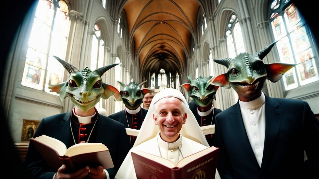 Prompt: fisheye polaroid photo of reptilian Hieronymus Bosch demons with holy books wearing papal tiaras in real life and tall alien women models smiling psychotically with big white eyes in a hazy cathedral, clear faces , photography taken by Alex webb, medium format, large format ,shallow depth of field, glowy effect, Ambient Occlusion, prime lenses