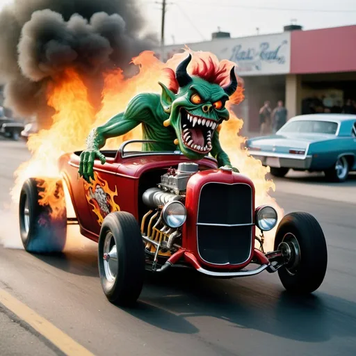 Prompt: full body three quarter angle side view color photograph of the demon monster fink monster laughing driving a rat fink hot rod burning out in real life, clear faces, professional photography taken by Alex webb, medium format, large format ,shallow depth of field, glowy effect, Ambient Occlusion 