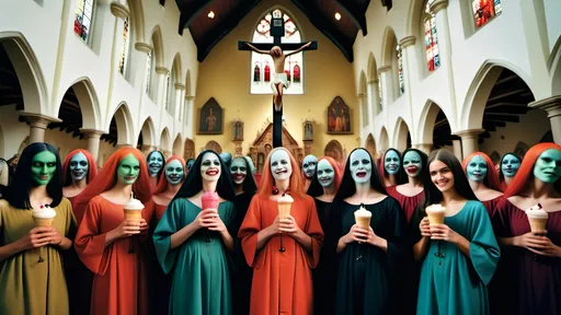 Prompt: full body low angled action portrait photo of holy beautiful female colorful high fashion Hieronymus Bosch demons with clear faces in real life on crucifixes and alien women models smiling with their eyes wide open, in church, with milk shakes, clear faces, high resolution photography taken by Alex webb