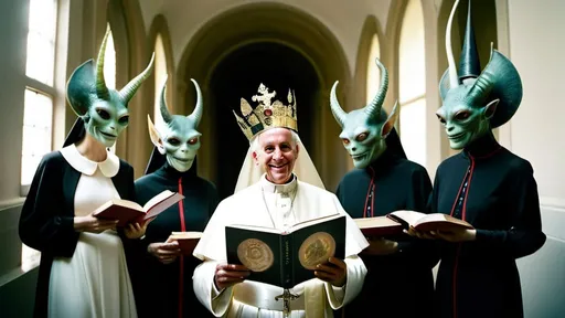 Prompt: fisheye polaroid photo of reptilian Hieronymus Bosch demons with holy books wearing papal tiaras in real life and transparent alien women models smiling psychotically with big white eyes in a hazy hallway, clear faces , photography taken by Alex webb, medium format, large format ,shallow depth of field, glowy effect, Ambient Occlusion, prime lenses