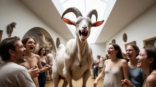 Prompt: detailed full body wide angle fisheye photo of a Hieronymus Bosch goat with wings with eyeballs laughing with a crowd, in real life alien women models laughing, each other's white cracked faces, in a museum with goat paintings, having drinks, raw meat with bees, clear faces, photography taken by Alex webb, medium format, large format ,shallow depth of field, glowy effect, Ambient Occlusion 