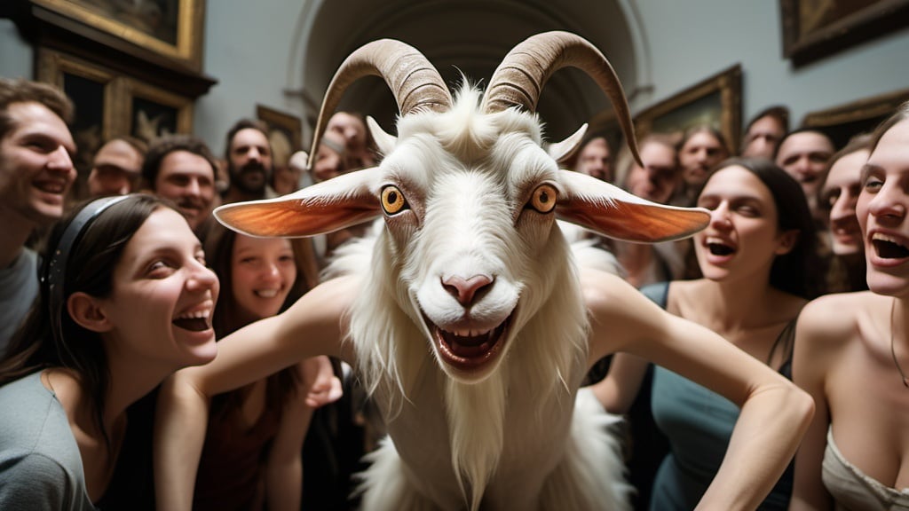 Prompt: detailed full body wide angle fisheye photo of a Hieronymus Bosch goat with wings with eyeballs laughing with a crowd, in real life alien women models laughing, each other's white cracked faces, in a museum with goat paintings, having drinks, raw meat with bees, clear faces, photography taken by Alex webb, medium format, large format ,shallow depth of field, glowy effect, Ambient Occlusion 