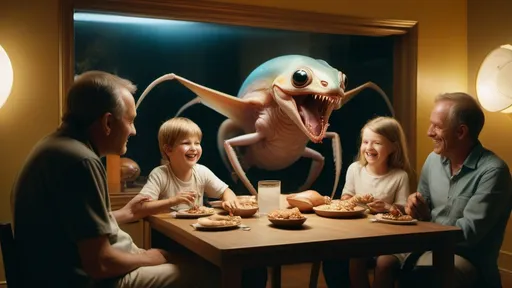 Prompt: detailed full body close-up macro photograph of giant Hieronymus Bosch creatures flying in real life and transparent alien smiling psychotically with big eyes inside of a small, stained brightly lit examining room with children eating steak and televisions, clear faces, bleach bypass photography taken by Alex webb, medium format, large format ,shallow depth of field, glowy effect, Ambient Occlusion, prime lenses