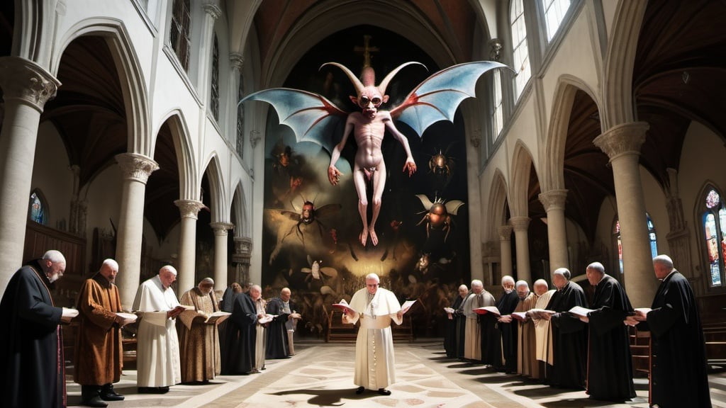 Prompt: full body fisheye cinematic photograph of an emaciated HIERONYMUS BOSCH demon pazuzu with elongated limbs and bat like wings, reading a holy book to the Pope, they are standing in front of a giant quantum computer, inside a huge church with goat paintings, bees and flys, fire and brimstone, professional photography, medium format, large format, prime lenses, shallow depth of field