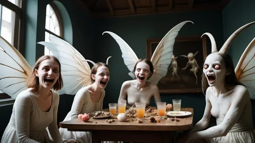 Prompt: detailed full body wide angle photo of a Hieronymus Bosch creatures with wings made of eyeballs in real life alien women models laughing, white cracked faces, inside a huge museum with goat paintings, having drinks, bees and spiders, rain and smoke, clear faces, professional photography taken by Alex webb, medium format, large format, prime lenses, shallow depth of field, glow effect, Ambient Occlusion 