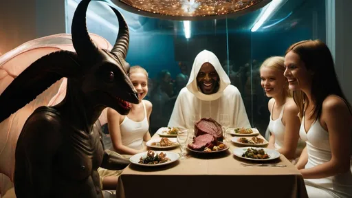 Prompt: detailed full body close-up macro photograph of giant Hieronymus Bosch demons flying in real life and transparent alien women models smiling psychotically with big eyes inside of a small, stained brightly lit examining room with children eating steak and televisions, clear faces, bleach bypass photography taken by Alex webb, medium format, large format ,shallow depth of field, glowy effect, Ambient Occlusion, prime lenses