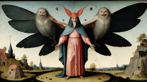 Prompt: full body wide angle photo of Hieronymus Bosch ophanim, with six wings, body full of eyes all around, ophanim as described in the book of Ezekiel